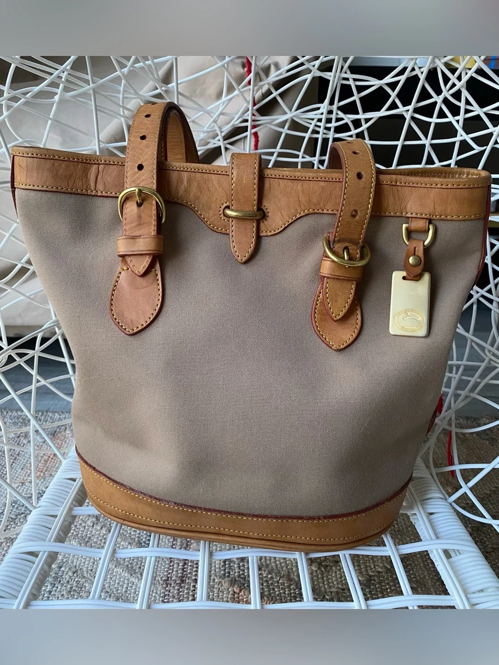 Vintage Dooney & Bourke Cabriolet Bucket Bag Taupe Canvas Tan Vachetta Leather